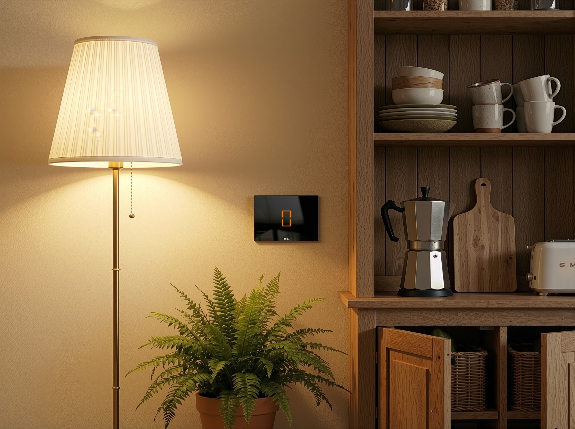 A black TI801 glass touch switch glowing in a warm-lit living corner