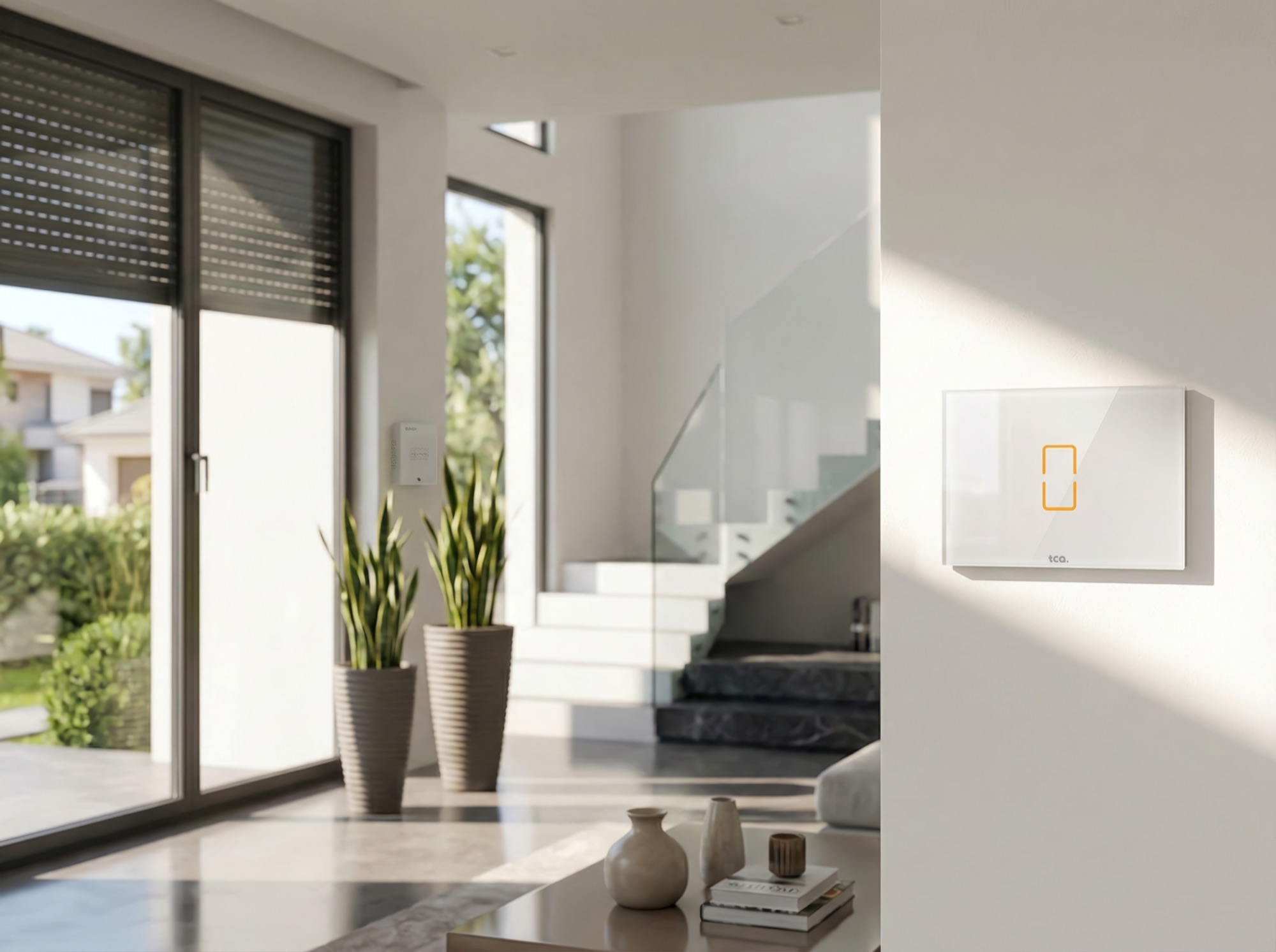 A white TI801 glass touch switch on a sunlit wall in a modern living room