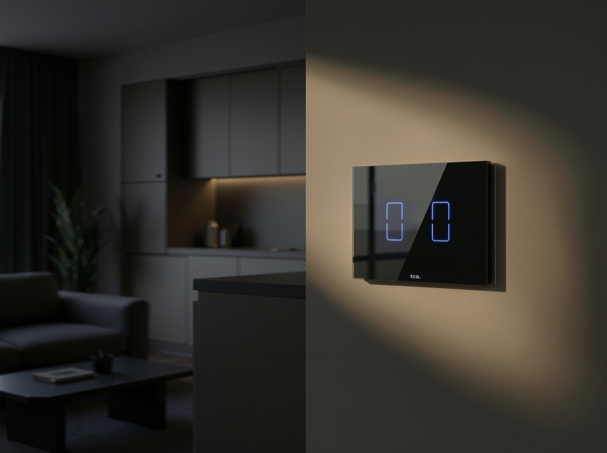 A black TI802 dual touch switch lit up in a contemporary apartment