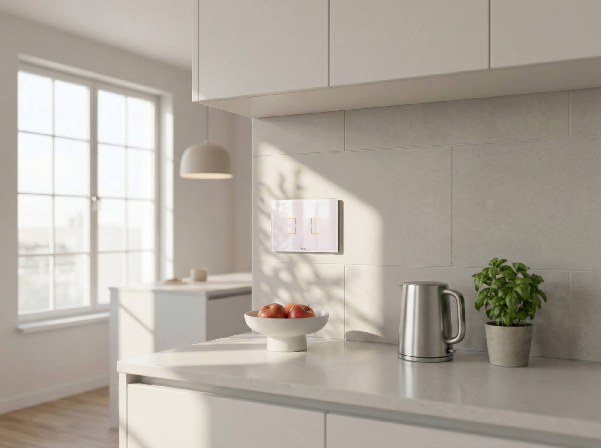 A white TI802 dual touch switch in a bright minimalist kitchen