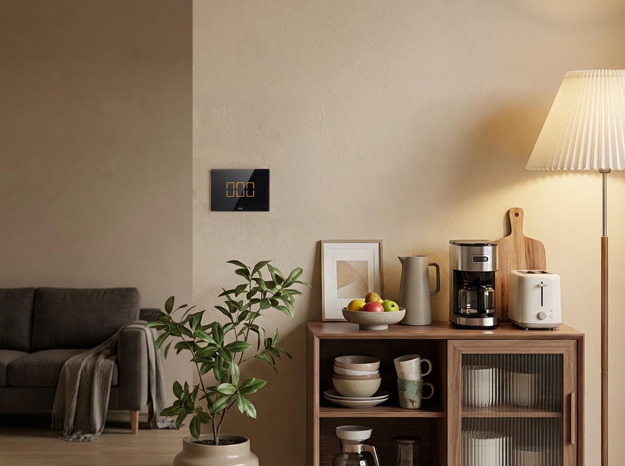 A black TI803 triple touch switch in a warm contemporary living room
