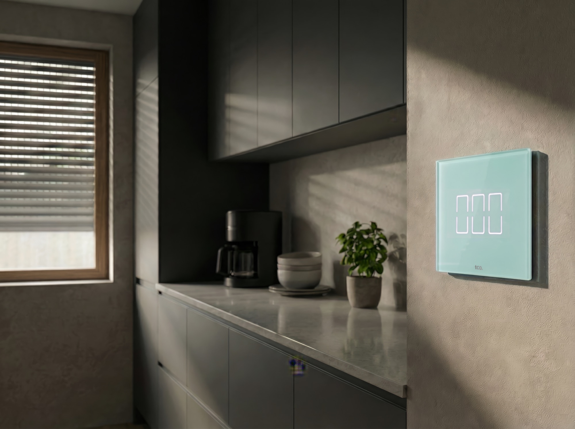 A livid TI803 triple touch switch in a modern kitchen